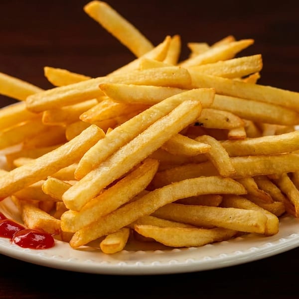 Golden french fries piled high on a white plate with ketchup on the side.