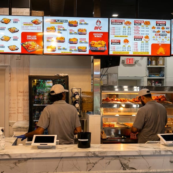Two workers behind a marble counter with digital menus displaying chicken dishes above them.