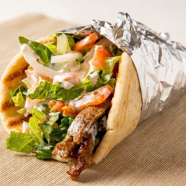 A delicious gyro with meat, lettuce, tomatoes, onions, and white sauce, partially wrapped in foil.