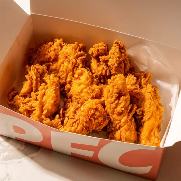 Crispy fried chicken tenders in an open white and orange takeout box on a marble surface.