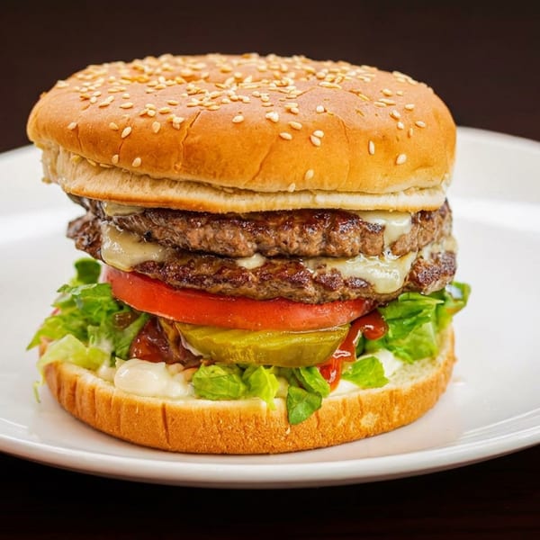 A double cheeseburger with lettuce, tomato, pickles, and sauces on a sesame seed bun.