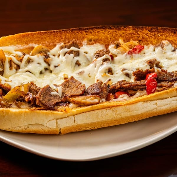 Cheesesteak sandwich with melted cheese, steak, onions, and red peppers on a white plate.