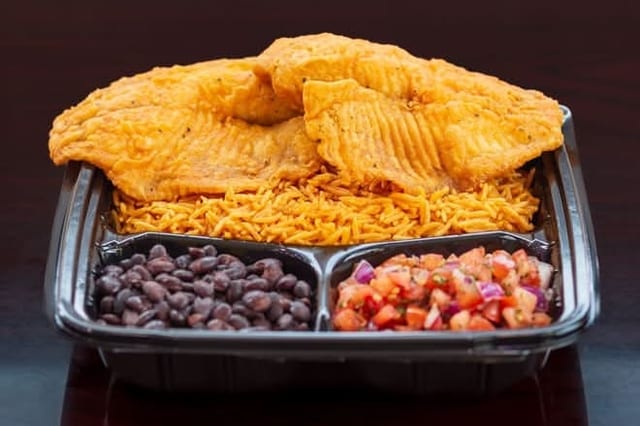 Tilapia Fish with Rice, Bean & Salsa.