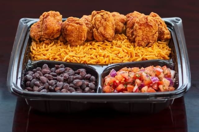 Popcorn Chicken with Rice, Bean & Salsa.