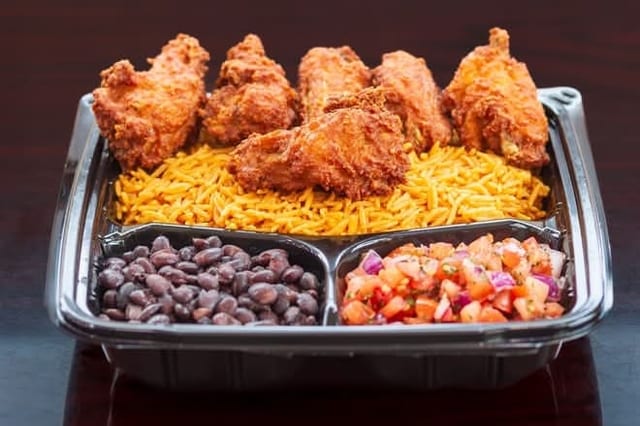 6 Pcs Hot Wings with Rice, Bean & Salsa.