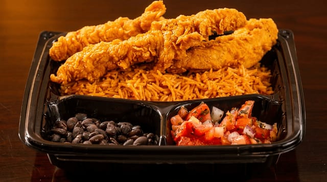 3 Pcs Tenders with Rice, Bean & Salsa.