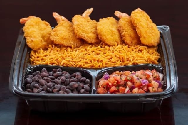 6 Pcs Jumbo Shrimp with Rice, Bean & Salsa.
