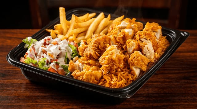 Crispy Chicken Over Rice.